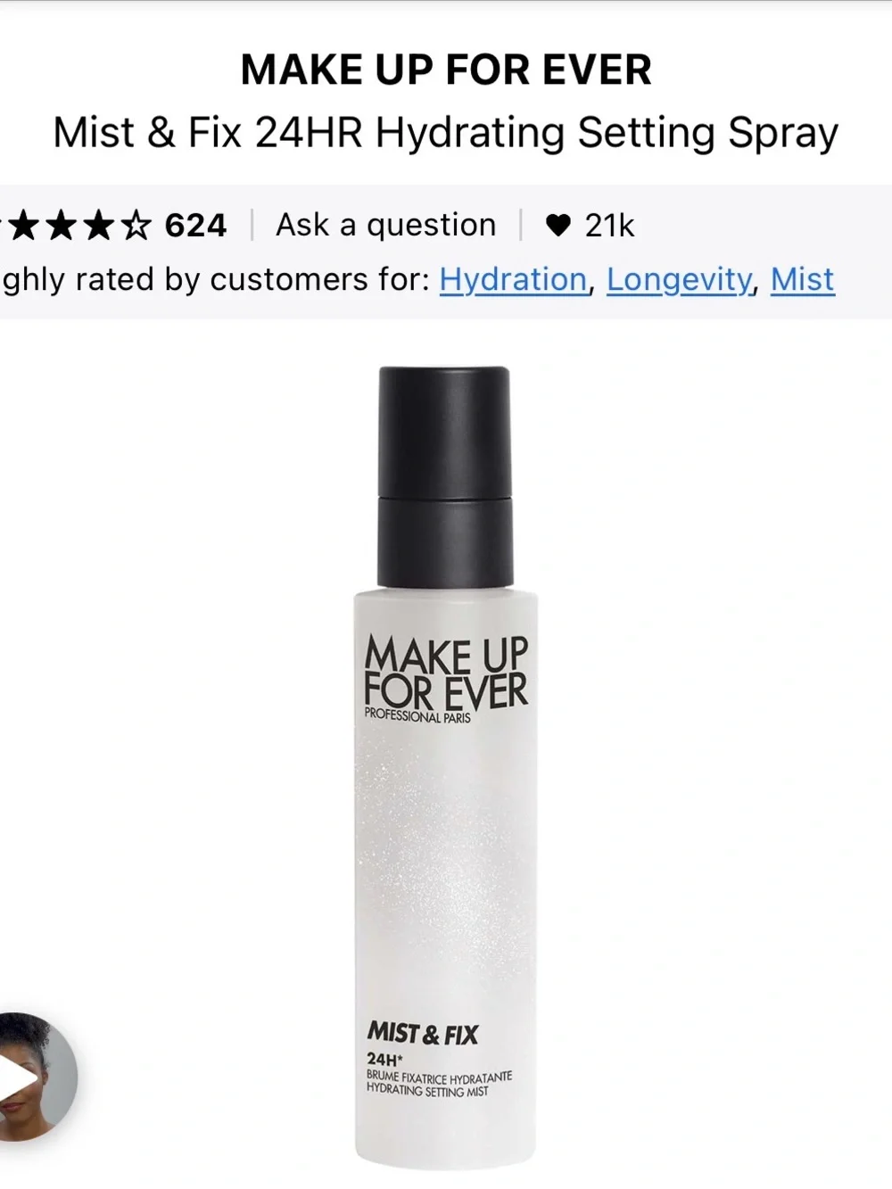 NWOB Makeup Forever Mist & Fix Hydrating Setting Mist - White with Black Cap